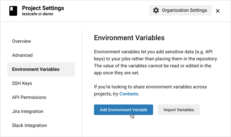 Click the Add Environment Variable button in Project Settings