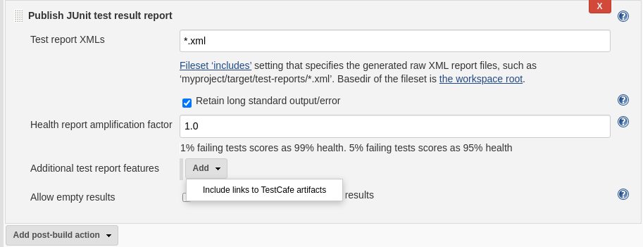 JUnit reporter configuration screen