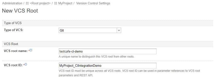 Specifying VCS Type and Root Name